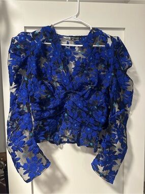 Nasty Gal Royal Blue Embroidered Sheer Floral Blouse